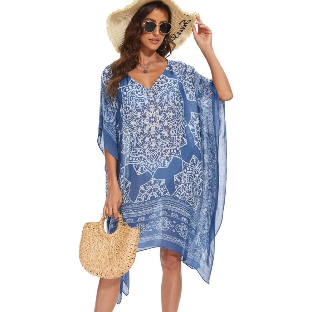 Women's Ab Blue 100% Viscose Kaftan for Bathing Swimsuit Floral Pattern Dress